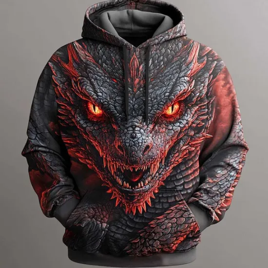 Sale OUKU Men's Dragon Hoodies Sweatshirt Fashion Cool Long Sleeve Crew Neck Party Holiday Streetwear Black Blue Drawstring Fall Winter Designer