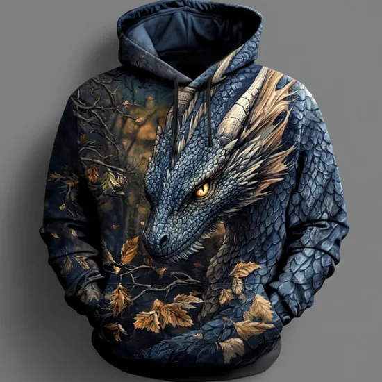 Sale OUKU Men's Dragon Hoodies Sweatshirt Fashion Cool Long Sleeve Crew Neck Party Holiday Streetwear Black Blue Drawstring Fall Winter Designer