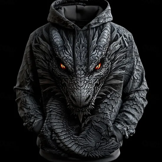 Sale OUKU Men's Dragon Hoodies Sweatshirt Fashion Cool Long Sleeve Crew Neck Party Holiday Streetwear Black Blue Drawstring Fall Winter Designer