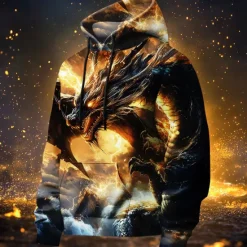 New OUKU Men's Dragon Hoodies Sweatshirt Fashion Cool Long Sleeve Crew Neck Party Holiday Streetwear Drawstring Fall Winter Designer Yellow