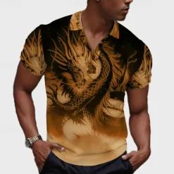 OUKU Men's Dragon Polo Shirts Golf Shirt Short Sleeve Polo Shirts Collared Shirts Casual Funny Vacation Wear Party Outfits Buttons 3D Print Summer Blue Khaki