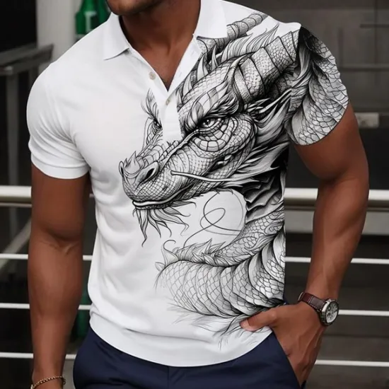 Discount OUKU Men's Dragon Polo Shirts Golf Shirt Short Sleeve Polo Shirts Collared Shirts Casual Funny Streetwear Vacation Wear Party Outfits Buttons 3D Print Summer Wine Green Gray