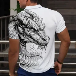 Discount OUKU Men's Dragon Polo Shirts Golf Shirt Short Sleeve Polo Shirts Collared Shirts Casual Funny Streetwear Vacation Wear Party Outfits Buttons 3D Print Summer Wine Green Gray