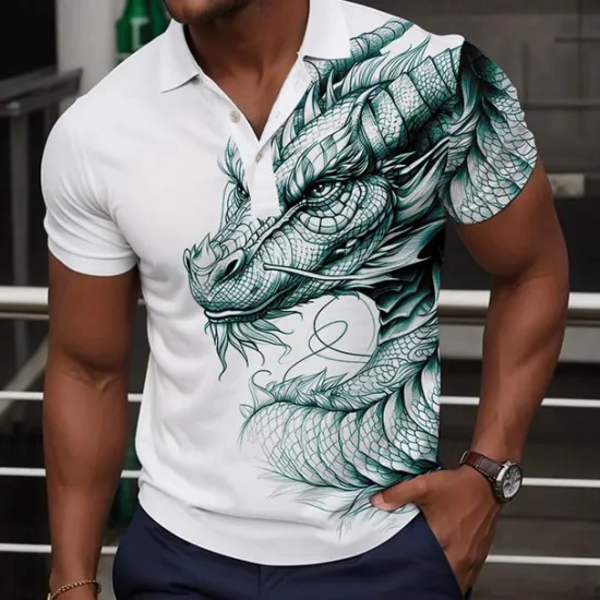 Discount OUKU Men's Dragon Polo Shirts Golf Shirt Short Sleeve Polo Shirts Collared Shirts Casual Funny Streetwear Vacation Wear Party Outfits Buttons 3D Print Summer Wine Green Gray