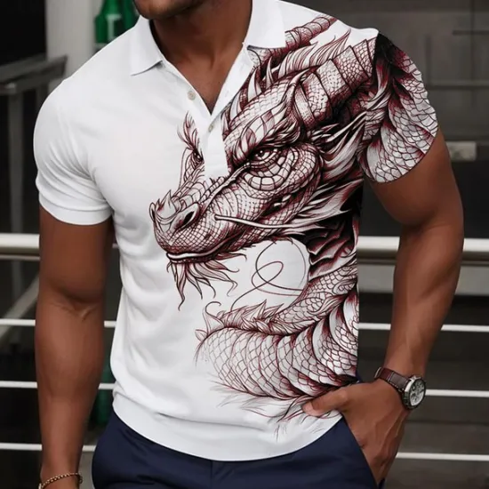 Discount OUKU Men's Dragon Polo Shirts Golf Shirt Short Sleeve Polo Shirts Collared Shirts Casual Funny Streetwear Vacation Wear Party Outfits Buttons 3D Print Summer Wine Green Gray
