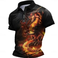 New OUKU Men's Dragon Polo Shirts Golf Shirt Short Sleeve Polo Shirts Collared Shirts Funny Streetwear Vacation Wear Party Outfits Buttons 3D Print Summer Spring Black Purple Green