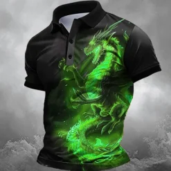 New OUKU Men's Dragon Polo Shirts Golf Shirt Short Sleeve Polo Shirts Collared Shirts Funny Streetwear Vacation Wear Party Outfits Buttons 3D Print Summer Spring Black Purple Green