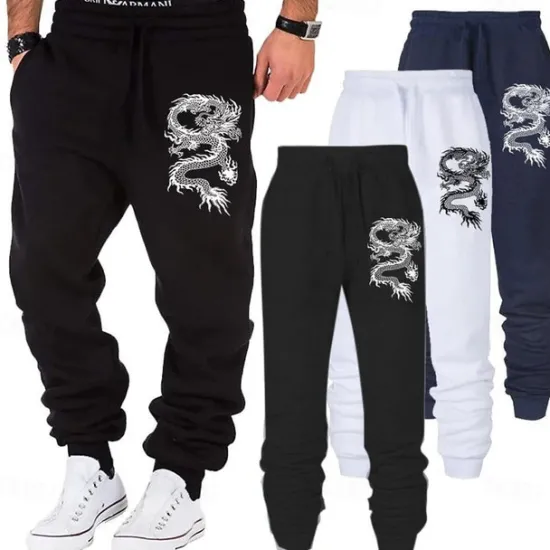 OUKU Men's Dragon Sweatpants Joggers Pants Trousers Mid Waist Drawstring Elastic Waist Fashion Outdoor Dailywear Casual Pocket Spring Fall Winter 3D Print Black White Blue