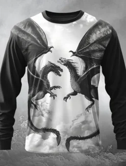 Clearance OUKU Men's Dragon T Shirt Long Sleeve T shirt 3D Print Crew Neck Shirt Exaggerated Designer Street Style Street Casual Black / White Black Summer Spring Fall Clothing Apparel S M L XL XXL XXXL