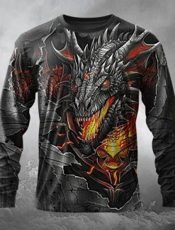 Clearance OUKU Men's Dragon T Shirt Long Sleeve T shirt 3D Print Crew Neck Shirt Exaggerated Designer Street Style Street Casual Black / White Black Summer Spring Fall Clothing Apparel S M L XL XXL XXXL
