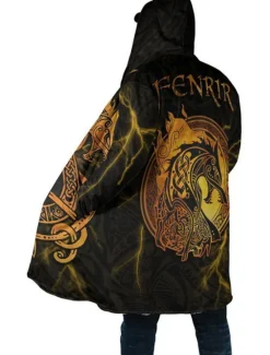 Sale OUKU Men's Dragon Totem Winter Coat Fleece Jacket Coat Thermal Warm Abstract Gothic Daily Wear Going out Pocket Print Fall & Winter Hooded Long Sleeve Yellow Blue Orange