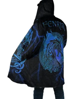 Sale OUKU Men's Dragon Totem Winter Coat Fleece Jacket Coat Thermal Warm Abstract Gothic Daily Wear Going out Pocket Print Fall & Winter Hooded Long Sleeve Yellow Blue Orange