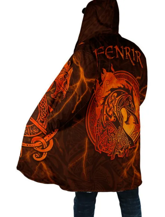 Sale OUKU Men's Dragon Totem Winter Coat Fleece Jacket Coat Thermal Warm Abstract Gothic Daily Wear Going out Pocket Print Fall & Winter Hooded Long Sleeve Yellow Blue Orange