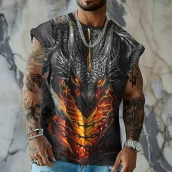 Clearance OUKU Men's Dragon Vest Top Sleeveless T shirt 3D Print Crew Neck Shirt Sports Retro Vintage Gothic Party Street Casual Summer Spring Clothing Apparel S M L XL XXL XXXL Black