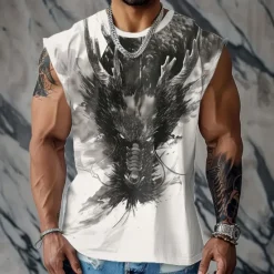 Online OUKU Men's Dragon Vest Top Sleeveless T shirt 3D Print Crew Neck Shirt Sports Retro Vintage Gothic Party Street Casual White Beige Summer Spring Clothing Apparel S M L XL XXL XXXL