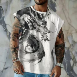 Online OUKU Men's Dragon Vest Top Sleeveless T shirt 3D Print Crew Neck Shirt Sports Retro Vintage Gothic Party Street Casual White Beige Summer Spring Clothing Apparel S M L XL XXL XXXL