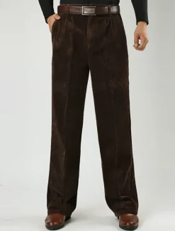 Sale OUKU Men's Dress Pants Corduroy Pants Trousers Straight Leg Plain Comfort Daily Classic Style Dark Khaki Black Micro-elastic