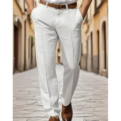 Online OUKU Men's Dress Pants Cotton Linen Shorts Buttons Pocket Plain Comfort Breathable Vacation Daily Boho Black White