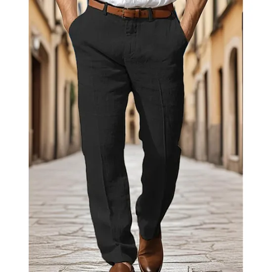 Online OUKU Men's Dress Pants Cotton Linen Shorts Buttons Pocket Plain Comfort Breathable Vacation Daily Boho Black White