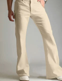 Online OUKU Men's Dress Pants Flared Pants Trousers Suit Pants Pocket Plain Comfort Breathable Full Length Outdoor Daily Going out Fashion Casual White Khaki Stretchy