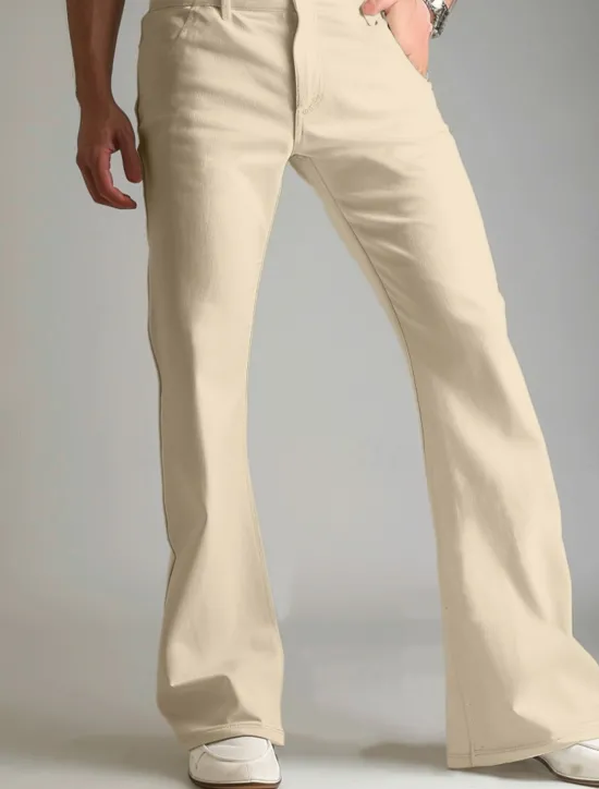 Online OUKU Men's Dress Pants Flared Pants Trousers Suit Pants Pocket Plain Comfort Breathable Full Length Outdoor Daily Going out Fashion Casual White Khaki Stretchy