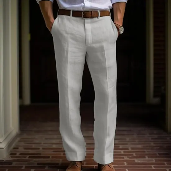 Outlet OUKU Men's Dress Pants Linen Pants Trousers Summer Pants Buttons Front Pocket Straight Leg Plain Comfort Breathable Casual Daily Holiday Fashion Basic Black White