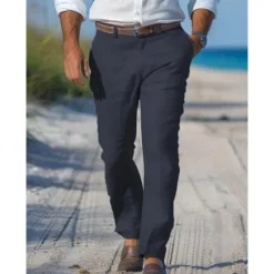 New OUKU Men's Dress Pants Linen Pants Trousers Summer Pants Beach Pants Straight Leg Plain Comfort Outdoor Casual Daily Streetwear Stylish White Navy Blue