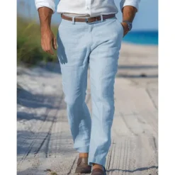 New OUKU Men's Dress Pants Linen Pants Trousers Summer Pants Beach Pants Straight Leg Plain Comfort Outdoor Casual Daily Streetwear Stylish White Navy Blue