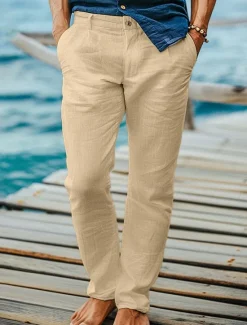 Online OUKU Men's Dress Pants Linen Pants Trousers Summer Pants Beach Pants Front Pocket Straight Leg Plain Comfort Breathable Full Length Formal Business Holiday Fashion Basic Black White Inelastic