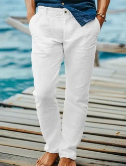 Online OUKU Men's Dress Pants Linen Pants Trousers Summer Pants Beach Pants Front Pocket Straight Leg Plain Comfort Breathable Full Length Formal Business Holiday Fashion Basic Black White Inelastic