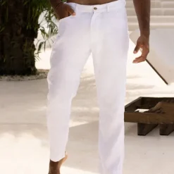 Sale OUKU Men's Dress Pants Linen Pants Summer Pants Buttons Front Pocket Straight Leg Plain Comfort Breathable Casual Daily Holiday Fashion Basic Black White