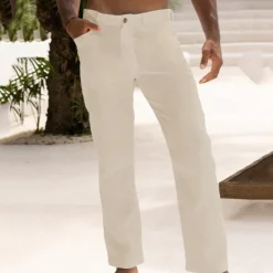 Sale OUKU Men's Dress Pants Linen Pants Summer Pants Buttons Front Pocket Straight Leg Plain Comfort Breathable Casual Daily Holiday Fashion Basic Black White