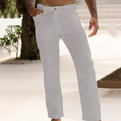 Sale OUKU Men's Dress Pants Linen Pants Summer Pants Buttons Front Pocket Straight Leg Plain Comfort Breathable Casual Daily Holiday Fashion Basic Black White