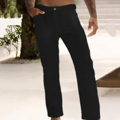 Sale OUKU Men's Dress Pants Linen Pants Summer Pants Buttons Front Pocket Straight Leg Plain Comfort Breathable Casual Daily Holiday Fashion Basic Black White