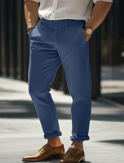 New OUKU Men's Dress Pants Linen Pants Trousers Summer Pants Pocket Straight Leg Plain Comfort Breathable Full Length Formal Business Daily Streetwear Stylish Black Navy Blue