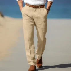 Discount OUKU Men's Dress Pants Linen Pants Trousers Summer Pants Beach Pants Front Pocket Straight Leg Plain Comfort Breathable Formal Business Holiday Fashion Basic Black White