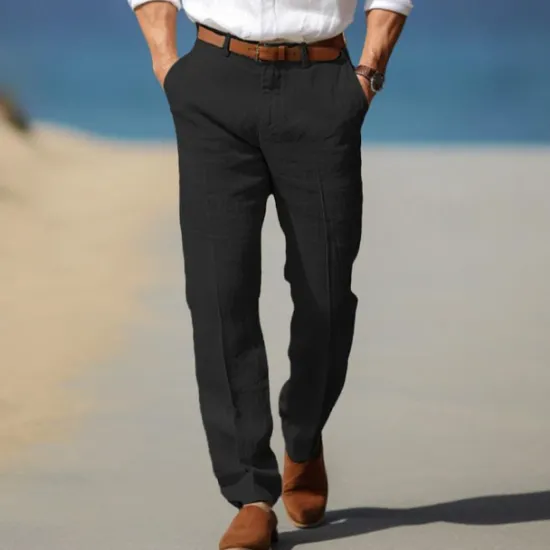 Discount OUKU Men's Dress Pants Linen Pants Trousers Summer Pants Beach Pants Front Pocket Straight Leg Plain Comfort Breathable Formal Business Holiday Fashion Basic Black White