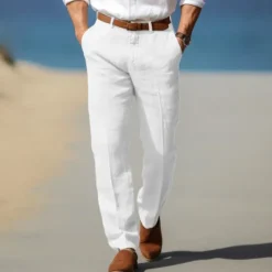 Discount OUKU Men's Dress Pants Linen Pants Trousers Summer Pants Beach Pants Front Pocket Straight Leg Plain Comfort Breathable Formal Business Holiday Fashion Basic Black White