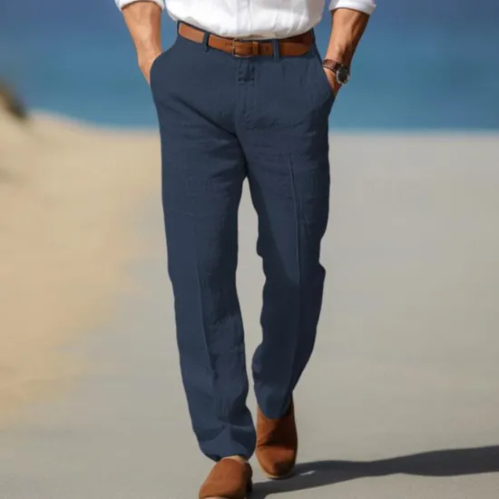 Discount OUKU Men's Dress Pants Linen Pants Trousers Summer Pants Beach Pants Front Pocket Straight Leg Plain Comfort Breathable Formal Business Holiday Fashion Basic Black White