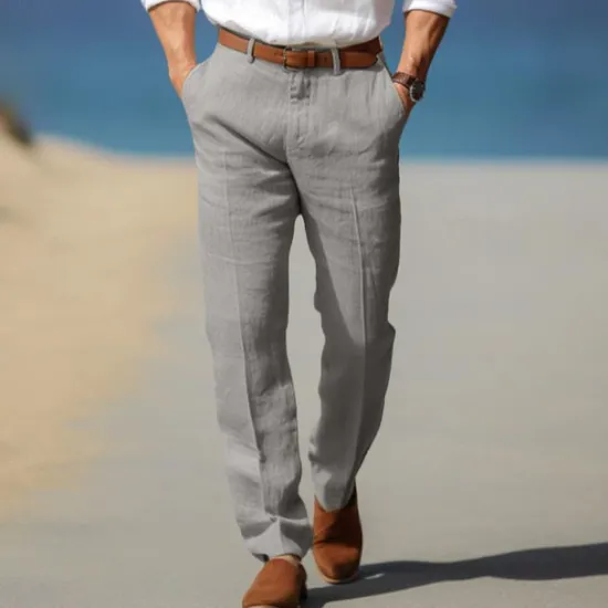 Discount OUKU Men's Dress Pants Linen Pants Trousers Summer Pants Beach Pants Front Pocket Straight Leg Plain Comfort Breathable Formal Business Holiday Fashion Basic Black White