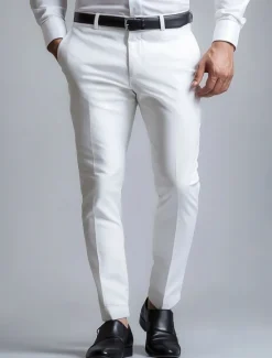 Sale OUKU Men's Dress Pants Long Pants Black White Dark Navy Solid Color Micro-elastic Standard Fit 2024