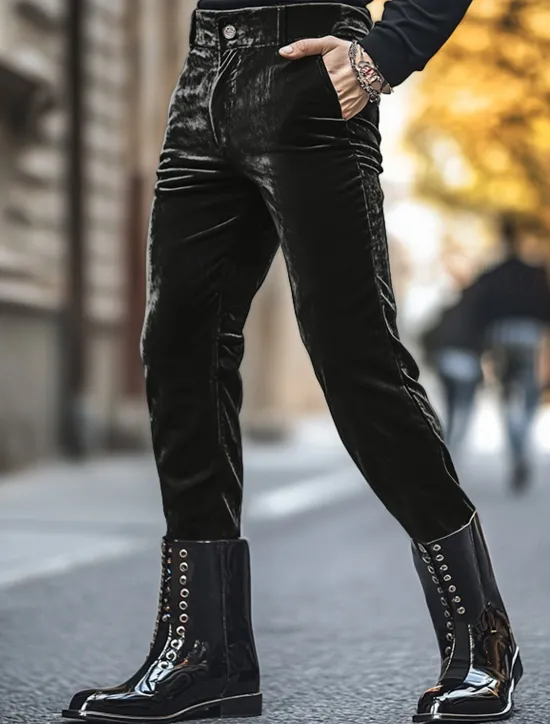 Hot OUKU Men's Dress Pants Skinny Trousers Casual Pants Velvet Pants Pocket Plain Comfort Soft Full Length Party Daily Club Fashion Streetwear Black Red