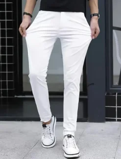 Hot OUKU Men's Dress Pants Skinny Trousers Chinos Buttons Pocket Solid Color Comfort Formal Party Work Fashion Classic Style Black White Micro-elastic
