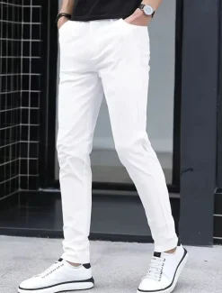 Hot OUKU Men's Dress Pants Skinny Trousers Chinos Buttons Pocket Solid Color Comfort Formal Party Work Fashion Classic Style Black White Micro-elastic