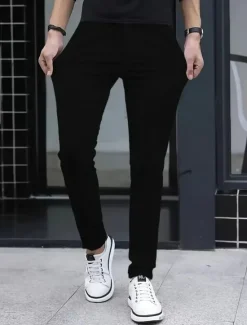 Hot OUKU Men's Dress Pants Skinny Trousers Chinos Buttons Pocket Solid Color Comfort Formal Party Work Fashion Classic Style Black White Micro-elastic