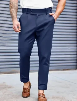 Clearance OUKU Men's Dress Pants Tapered pants Trousers Suit Pants Pleated Pocket Plain Comfort Soft Full Length Formal Wedding Business Fashion Streetwear Black Blue