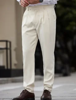Online OUKU Men's Dress Pants Trousers Chinos Slacks Buttons Pocket Pleats Plaid Comfort Formal Party Work Fashion Classic Style Micro-elastic Apricot