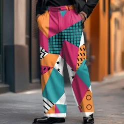 Best OUKU Men's Dress Pants Trousers Suit Pants Geometric Color Block Grid / Plaid Full Length Holiday Streetwear Dads Day Gifts Casual Loose Fit Yellow Orange Micro-elastic