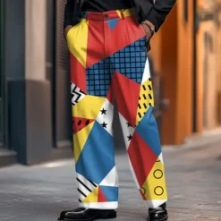 Best OUKU Men's Dress Pants Trousers Suit Pants Geometric Color Block Grid / Plaid Full Length Holiday Streetwear Dads Day Gifts Casual Loose Fit Yellow Orange Micro-elastic