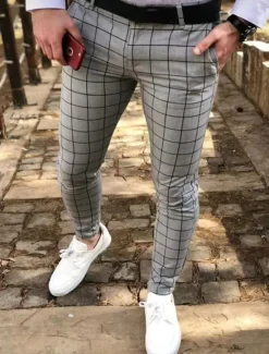 Sale OUKU Men's Dress Pants Trousers Chinos Buttons Pocket Plaid Comfort Formal Party Work Fashion Classic Style Black Navy Blue Micro-elastic